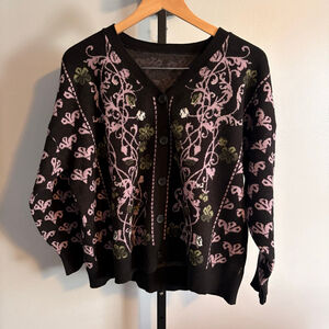 Women's Gothic Black Pink Floral Cardigan L